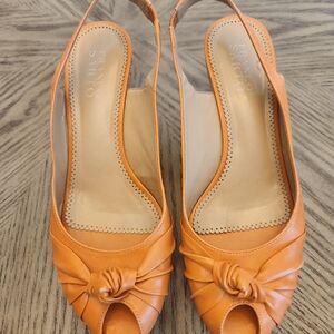 Franco Sarto cork wedge   comfort sandal, orange leather, size 8 1/2 M